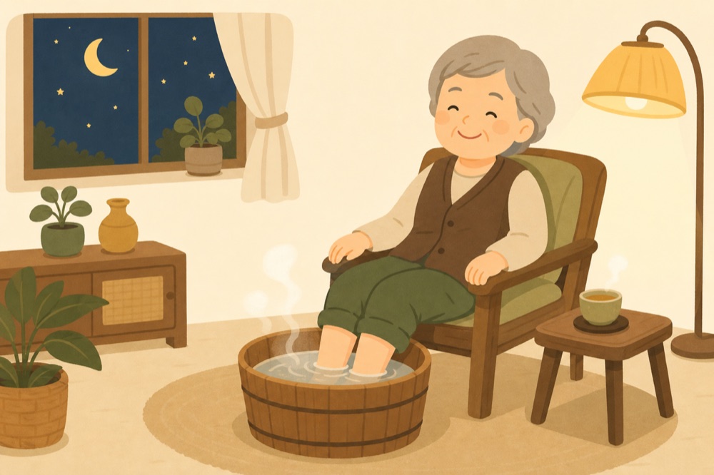 長輩睡前泡腳，旁邊放著一杯熱茶